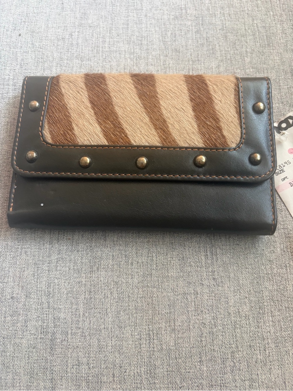 Stud-Trim Haircalf & Leather Foldover Wallet in Brown